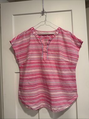 Pink Striped Short-Sleeve Henley Top - Women